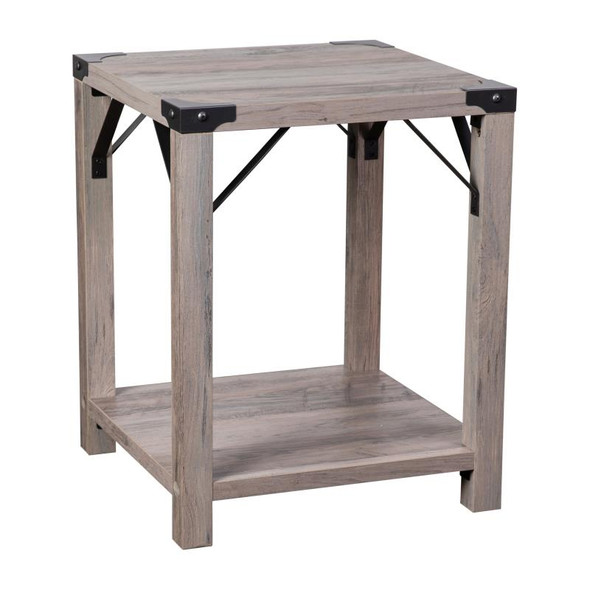 Flash Furniture Wyatt Modern Farmhouse Wooden 2 Tier End Table with Black Metal Corner Accents and Cross Bracing, Gray Wash - ZG-036-GY-GG