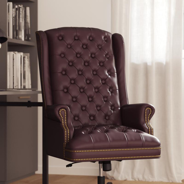 Flash Furniture Turner High Back Traditional Fully Tufted Burgundy LeatherSoft Executive Swivel Ergonomic Office Chair with Arms - CI-360-BY-GG