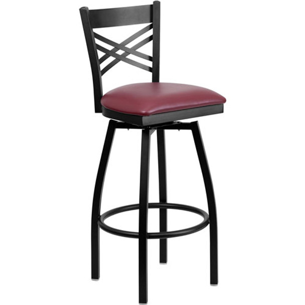 Flash Furniture HERCULES Series Black ''X'' Back Swivel Metal Bar Stool - Burgundy Vinyl Seat - XU-6F8B-XSWVL-BURV-GG