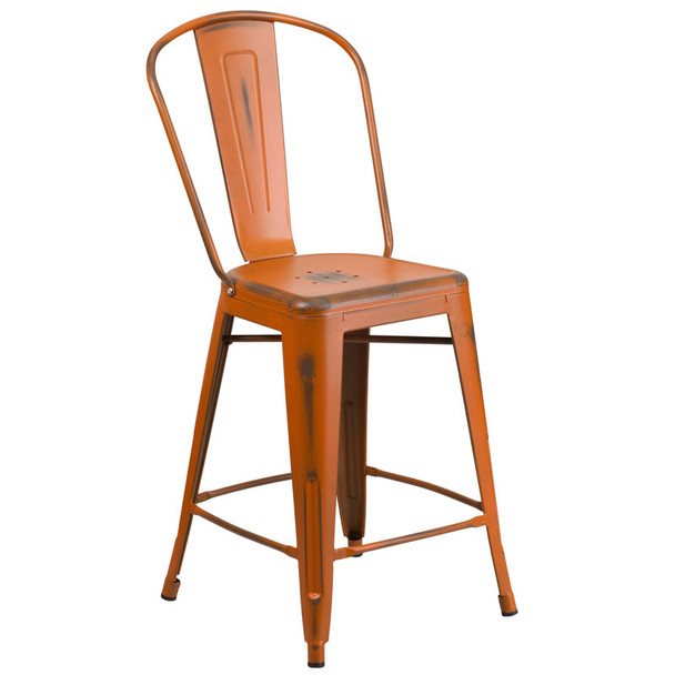 Flash Furniture Distressed Orange Metal Indoor-Outdoor Counter Height Chair 24"H - ET-3534-24-OR-GG