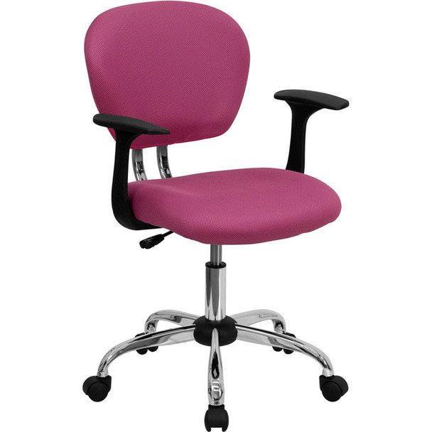 Flash Furniture Mid-Back Pink Mesh Task Chair with Arms and Chrome Base - H-2376-F-PINK-ARMS-GG