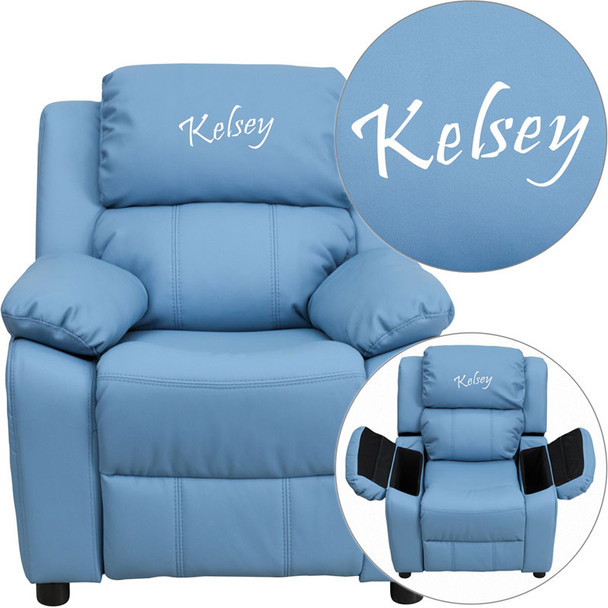 Flash Furniture Kid's Recliner with Storage Dreamweaver Embroiderable Light Blue Vinyl - BT-7985-KID-LTBLUE-EMB-GG