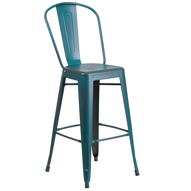 Flash Furniture Distressed Kelly Blue-Teal Metal Indoor-Outdoor Bar Height Chair 30"H - ET-3534-30-KB-GG