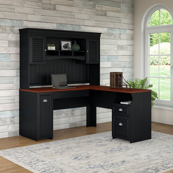 Bush Furniture Fairview L Shaped Desk w Hutch in Antique Black - FV004AB