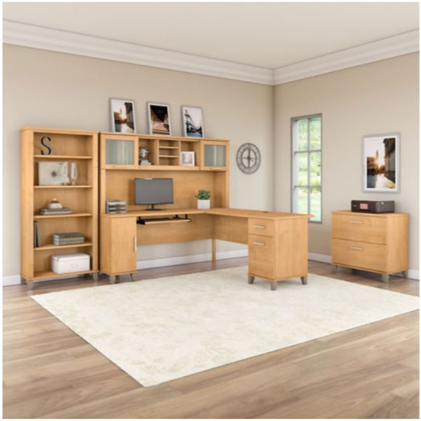 Bush Furniture Somerset 72"W L Shaped Desk with Hutch, Lateral File and Bookcase Maple Cross - SET012MC