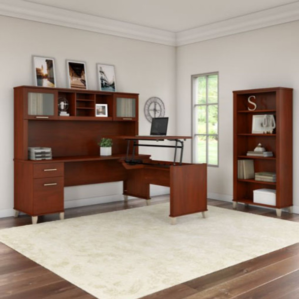 Bush Furniture Somerset 72"W Sit-to-Stand 3-Position L-Shaped Desk with Bookcase and Hutch Hansen Cherry - SET017HC