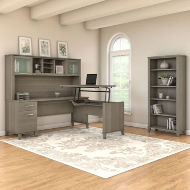 Bush Furniture Somerset 72"W Sit-to-Stand 3-Position L-Shaped Desk with Bookcase and Hutch Ash Gray - SET017AG