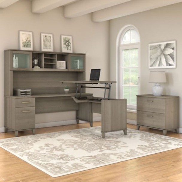 Bush Furniture Somerset 72"W Sit-to-Stand 3-Position L-Shaped Desk with Lateral File and Hutch Ash Gray - SET016AG