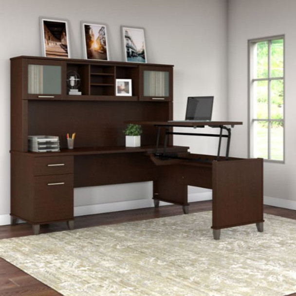 Bush Furniture Somerset 72"W Sit-to-Stand 3-Position L-Shaped Desk with Hutch Mocha Cherry - SET015MR