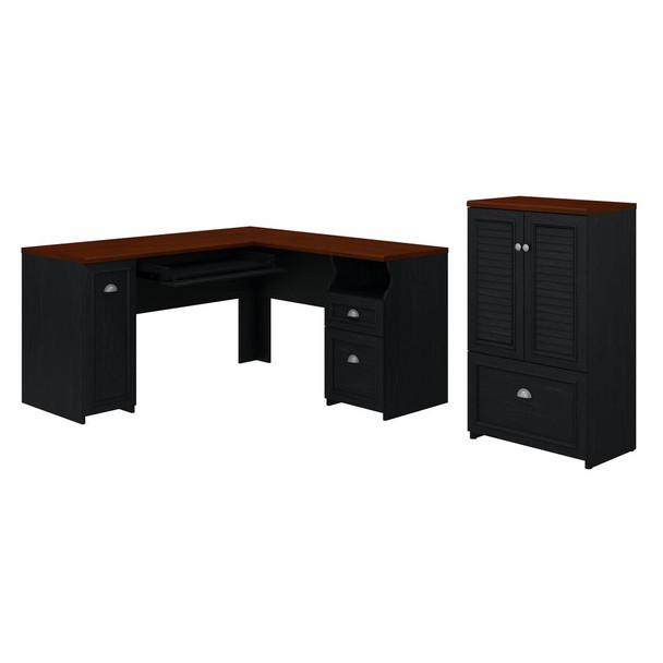 Bush Furniture Fairview 60W L Shaped Desk and 2 Door Storage Cabinet with File Drawer Antique Black - FV009AB