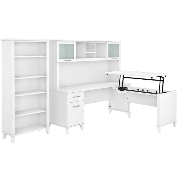 Bush Furniture Somerset 72"W Sit-to-Stand 3-Position L-Shaped Desk with Bookcase and Hutch White - SET017WH