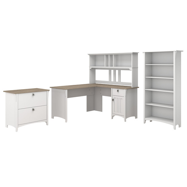 Bush Furniture Salinas 60" L-Shaped Desk with Hutch, Lateral File and Bookcase Shiplap Gray - SAL007G2W