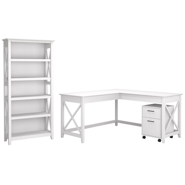 Bush Key West 60W L-Shaped Desk with Mobile File Cabinet and 5 Shelf Bookcase Pure White Oak- KWS016WT