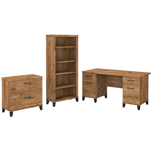 Bush Furniture Somerset 60W Office Desk with Lateral File Cabinet and 5 Shelf Bookcase Fresh Walnut - SET013FW