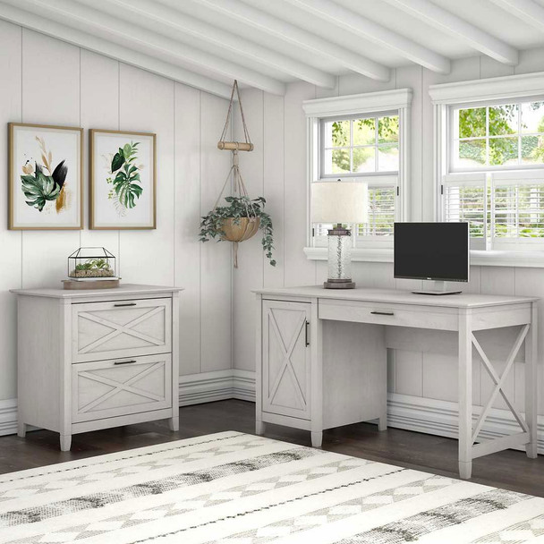 Bush Key West 54W Computer Desk with Storage and 2 Drawer Lateral File Cabinet Linen White Oak - KWS008LW