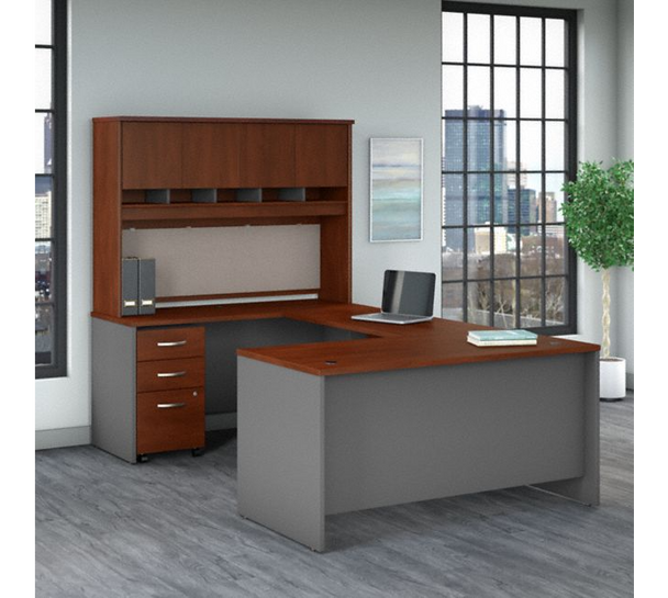 Bush Business Furniture Series C 60W U Shaped Desk with Hutch and Mobile File Cabinet in Hansen Cherry- SRC149HCSU