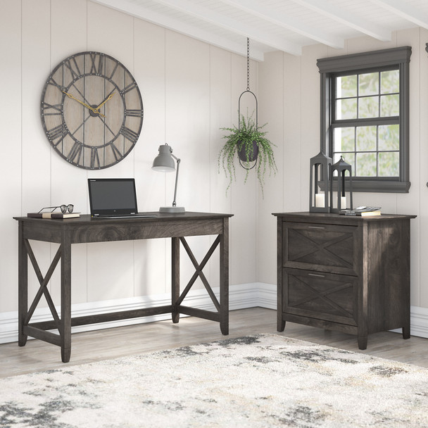 Bush Furniture Key West 48W Writing Desk with 2 Drawer Lateral File Cabinet in Dark Gray Hickory - KWS003GH