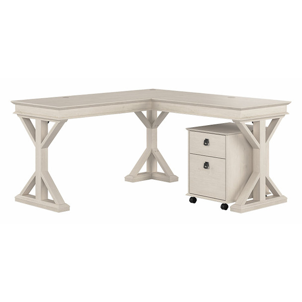 Bush Furniture Homestead 60W L Desk with Mobile Ped Linen White - HOT002LW