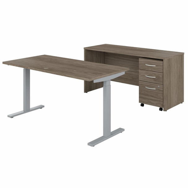 Bush Business Furniture Studio C Desk and Height Adjustable Standing Desk Package 60" Modern Hickory - STC017MHSU