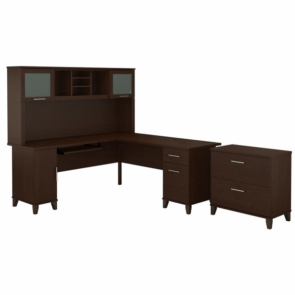 Bush Furniture Somerset 72W L Shaped Desk w Hutch and Lateral File Cabinet Mocha Cherry - SET009MR