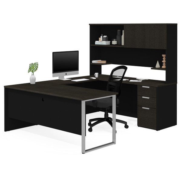 Bestar Pro-Concept Plus 72W U-Shaped Executive Desk with Pedestal and Hutch In Deep Grey & Black - 110889-32