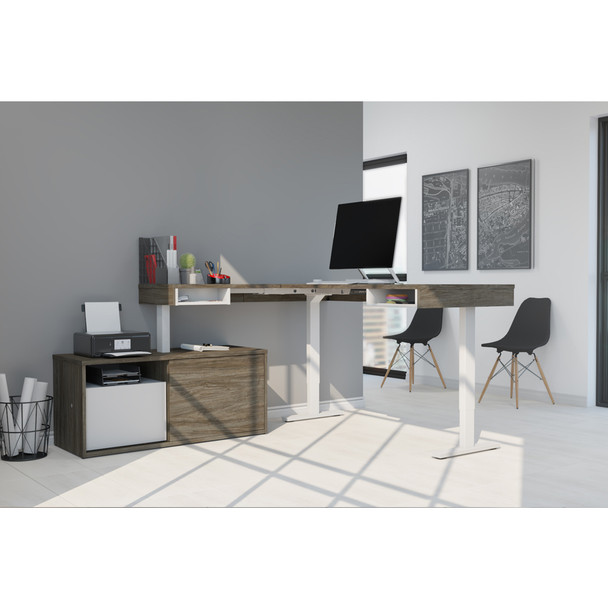 Bestar Pro-Vega 81W L-Shaped Standing Desk with Credenza in Walnut Grey & White - 130850-000035