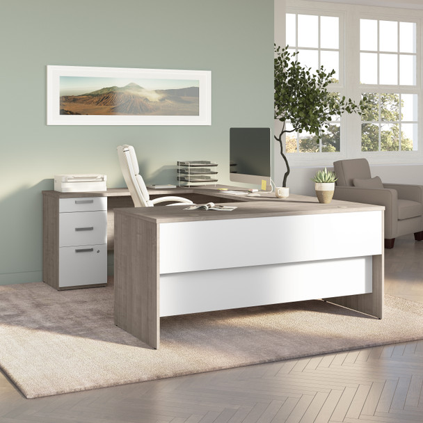 Bestar Ridgeley 65W U Shaped Desk in Silver Maple & Pure White - 152856-000144