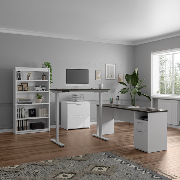 BESTAR Upstand 135W 72W L-Shaped Standing Desk with Bookcase and File Cabinet in Deep Grey & White - 175853-000032