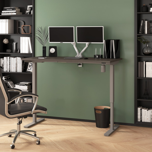 Bestar Upstand 60W x 30D Standing Desk with Dual Monitor Arm in Bark Grey - 175870-000047