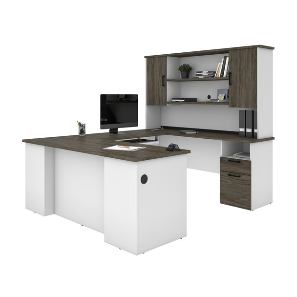 Bestar Norma 71W U or L-Shaped Executive Desk with Hutch in Walnut Grey & White - 181852-000035
