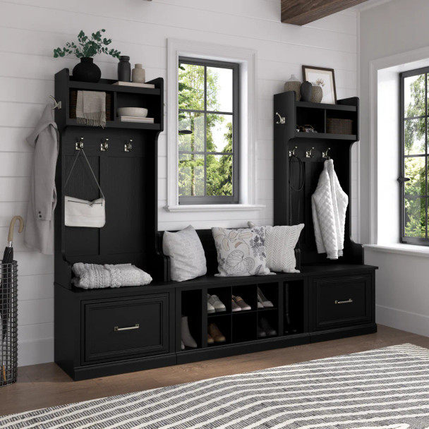 Kathy Ireland Bush Furniture Woodland Entryway Storage Set with Hall Trees and Shoe Bench Black Suede Oak - WDL012BS
