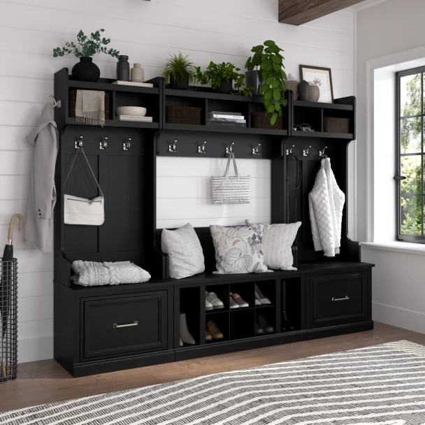 Kathy Ireland Bush Furniture Woodland Full Entryway Storage Set with Coat Rack and Shoe Bench Black Suede Oak - WDL014BS