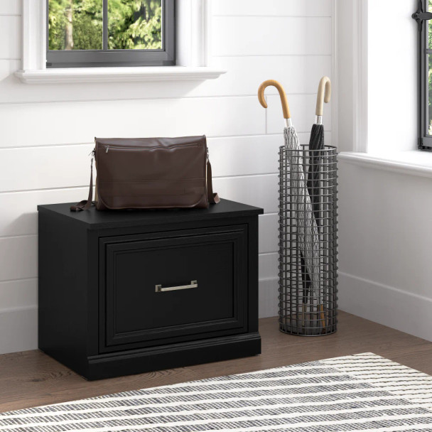 Kathy Ireland Bush Furniture Woodland 24W Small Shoe Bench Black Suede Oak - WDS124BS-03