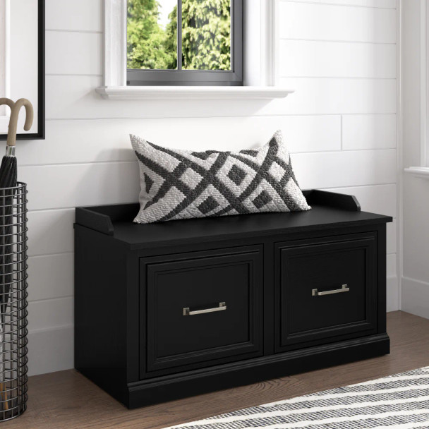 Kathy Ireland Bush Furniture Woodland 40W Shoe Storage Bench Black Suede Oak - WDS140BS-03