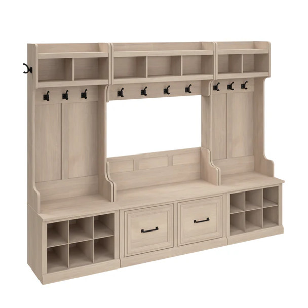 Kathy Ireland® Home by Bush Furniture Woodland Full Entryway Storage Set with Coat Rack and Shoe Bench with Doors in Warm Maple - WDL013WM