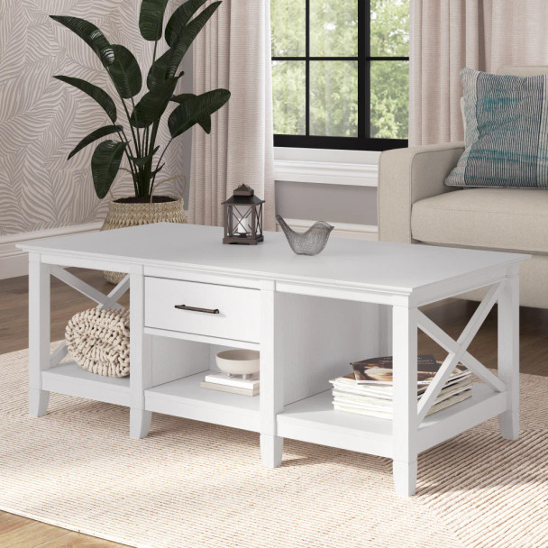 Bush Furniture Key West Coffee Table with Storage in Pure White Oak - KWT148WT-03