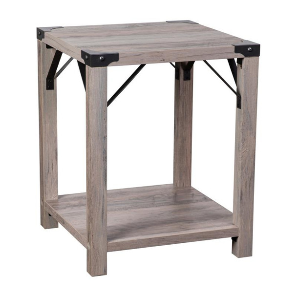 Flash Furniture Wyatt Modern Farmhouse Wooden 2 Tier End Table with Black Metal Corner Accents and Cross Bracing, Gray Wash - ZG-036-GY-GG