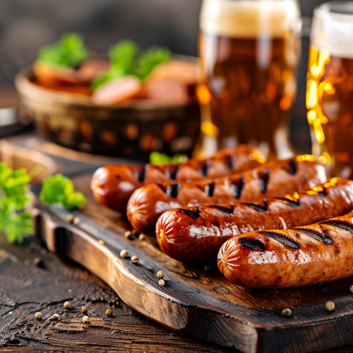 elk brats grilled on a wood board