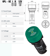 Pilot Light, ‚àö√≤22mm, w/Buzzer,Green, LED, 12VAC/DC