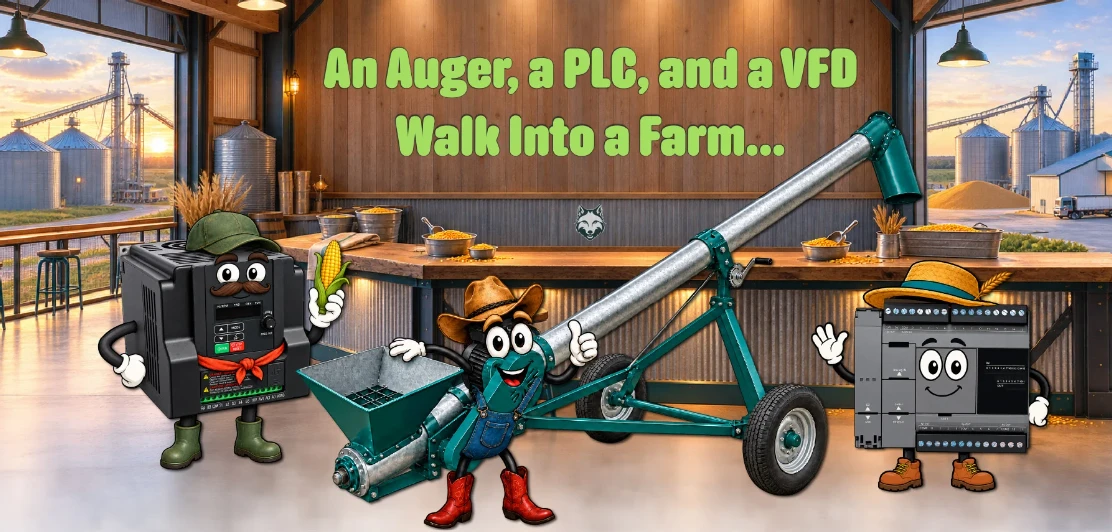 Auger, PLC, and VFD cartoons walking into a farm