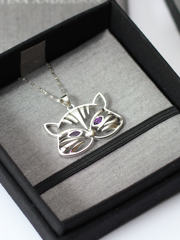 Silver Cat Jewelry, Cat Handmade Silver Pendant with Natural Amethyst, Wholesale Silver Jewelry | House of Kristina Anderson
