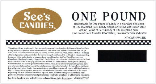 One Pound See s Candy Gift Certificate Annie Rooster s Sally Ann s