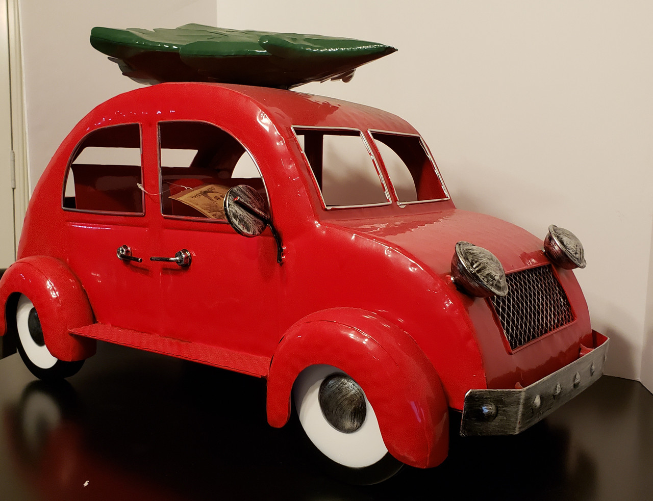 Over-Sized Retro Red VW Bug w/Green Tree Metal Christmas Decor