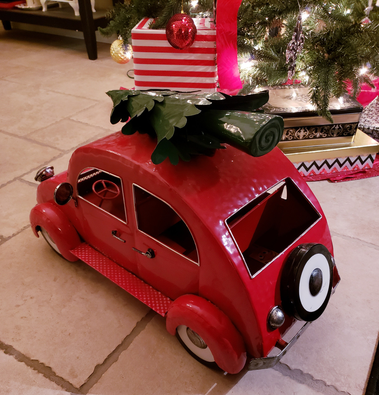 Over-Sized Retro Red VW Bug w/Green Tree Metal Christmas Decor