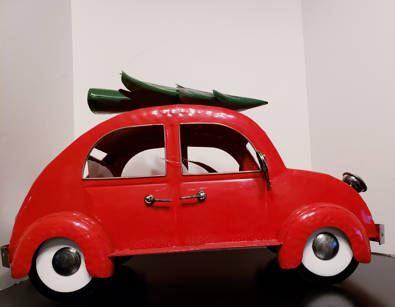 Over-Sized Retro Red VW Bug w/Green Tree Metal Christmas Decor