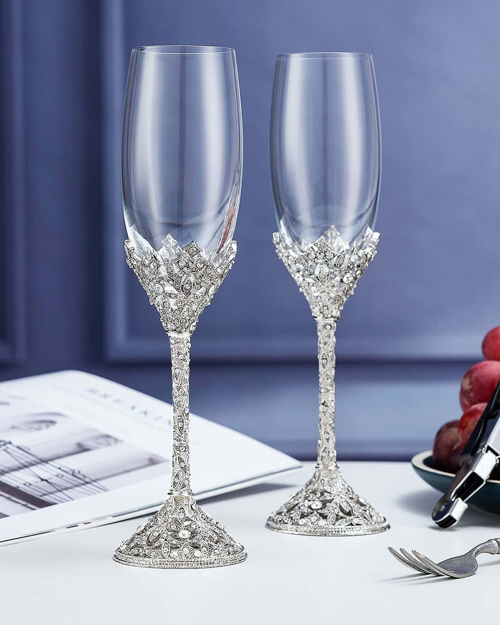 2 Champagne Flutes w/Crystal Metal Base By Jozen Gift - Annie Rooster's  Sally Ann's Antiques, Collectibles And More