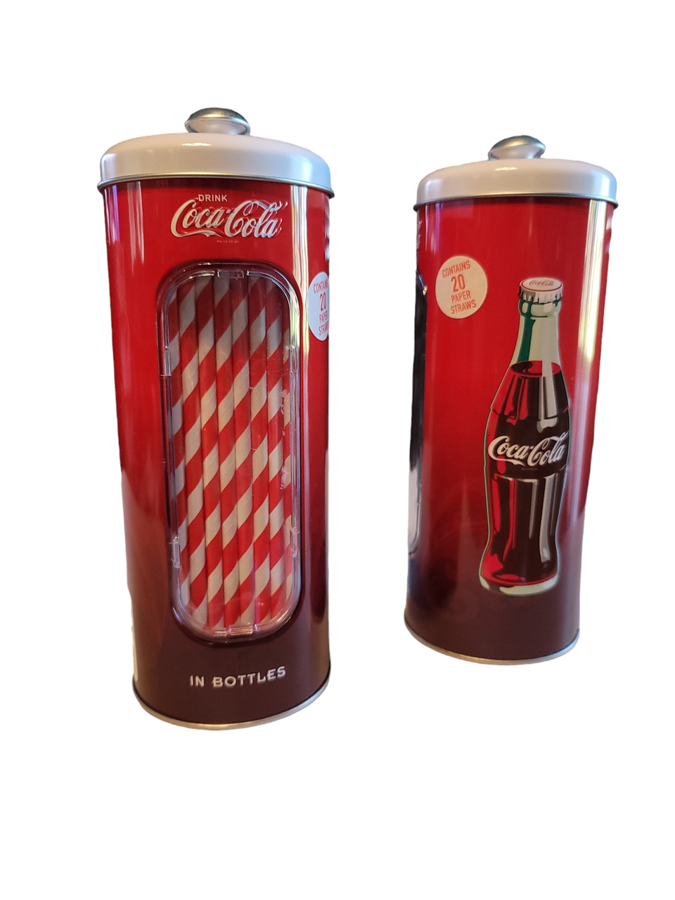 Coca Cola Straw Holder Tin with 20 Paper Straws Coca Cola, Red