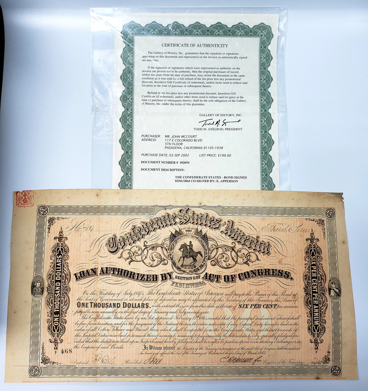 $1000 Confederate 1864 States Bond - Signed by E. Apperson