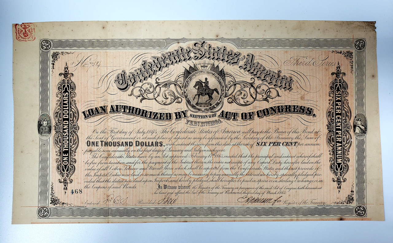 $1000 Confederate 1864 States Bond - Signed by E. Apperson