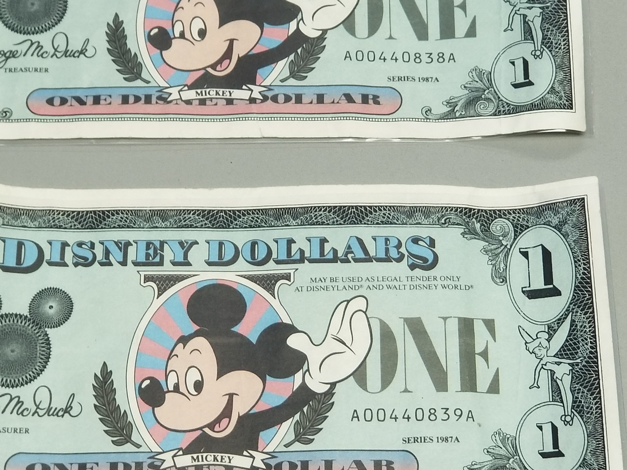 1987 Disney Dollars 2 Consecutive Serial Numbers Annie Rooster's